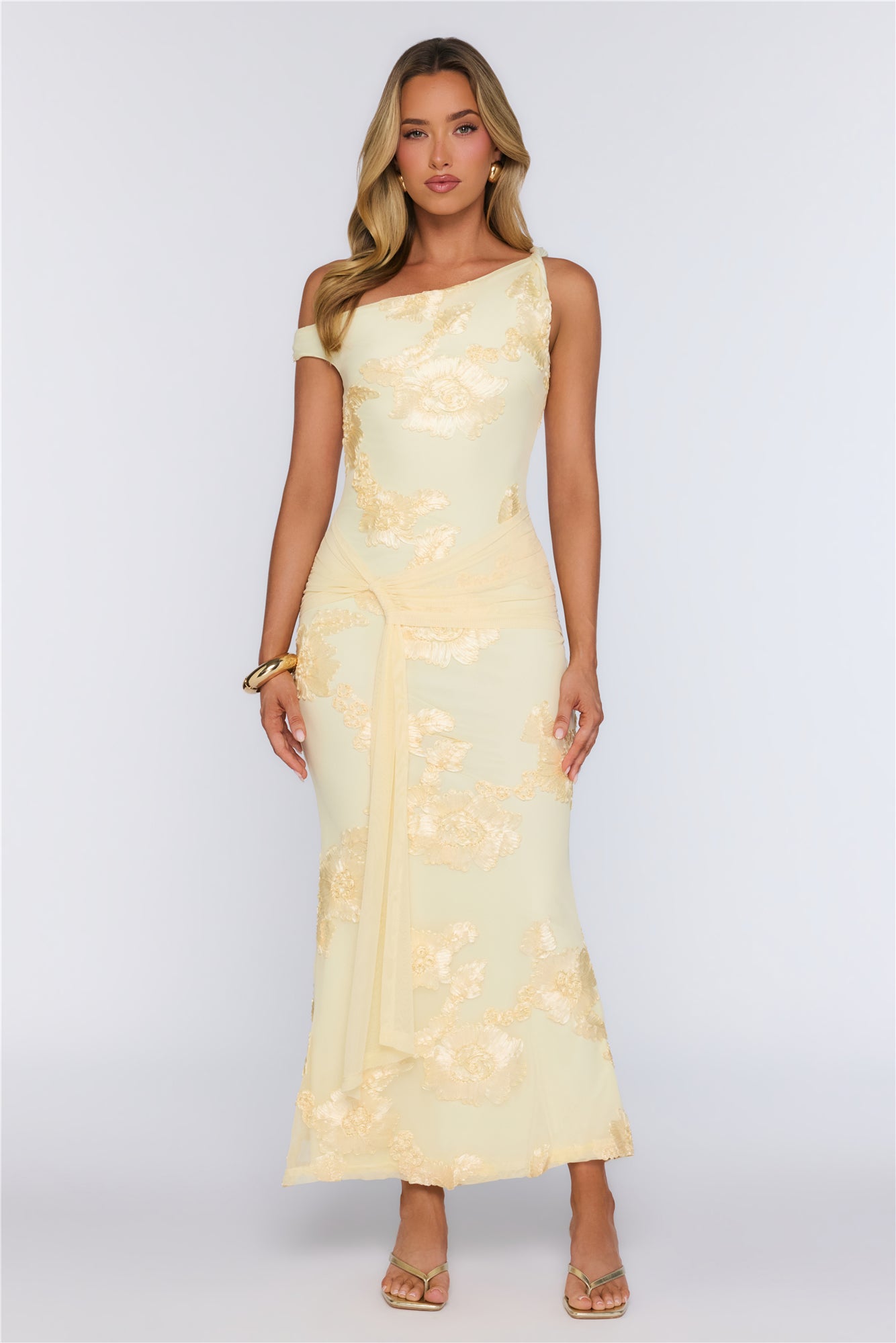 Future Icon Off Shoulder Mesh Maxi Dress Yellow
