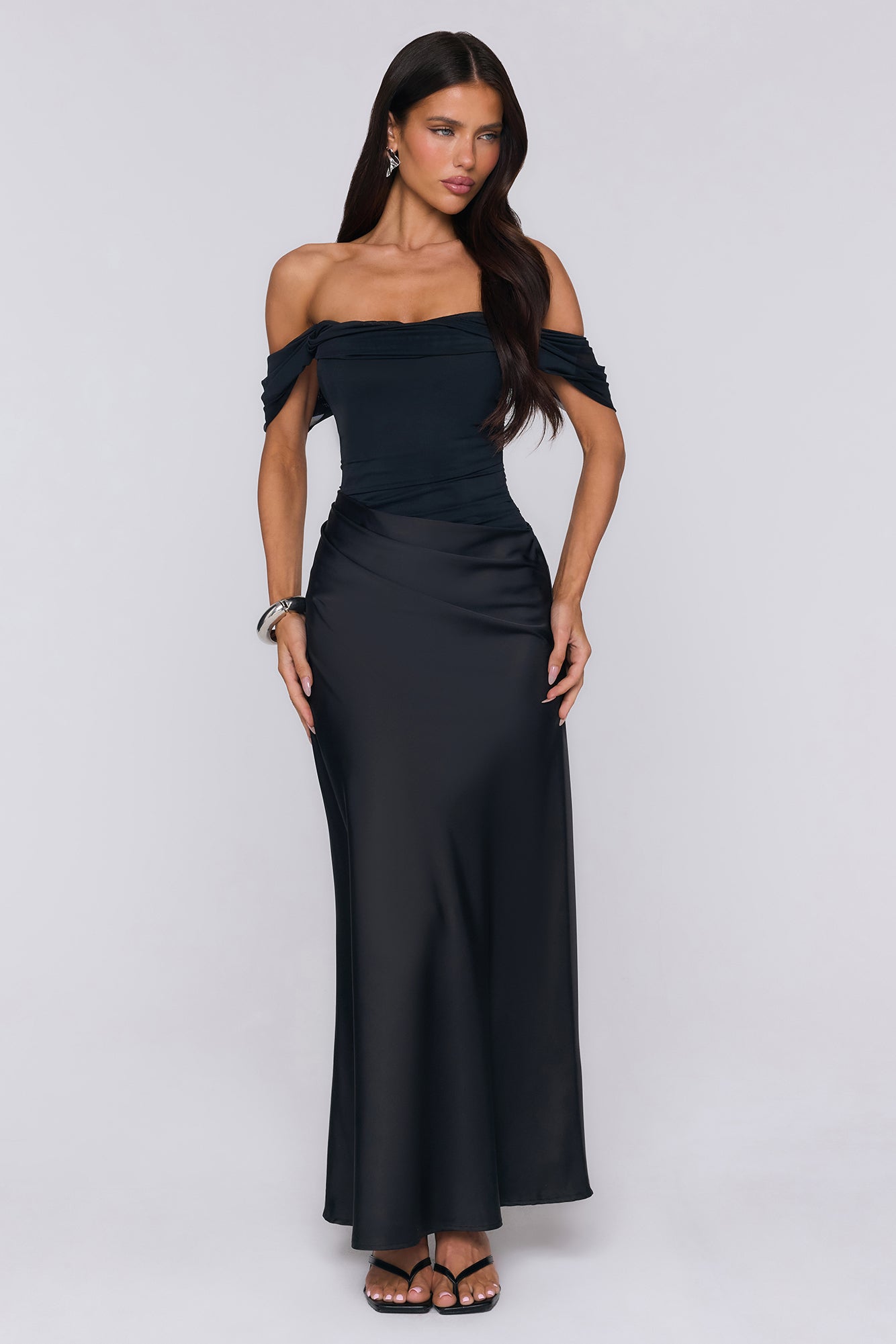 Evening Muse Off Shoulder Mesh Maxi Dress Black