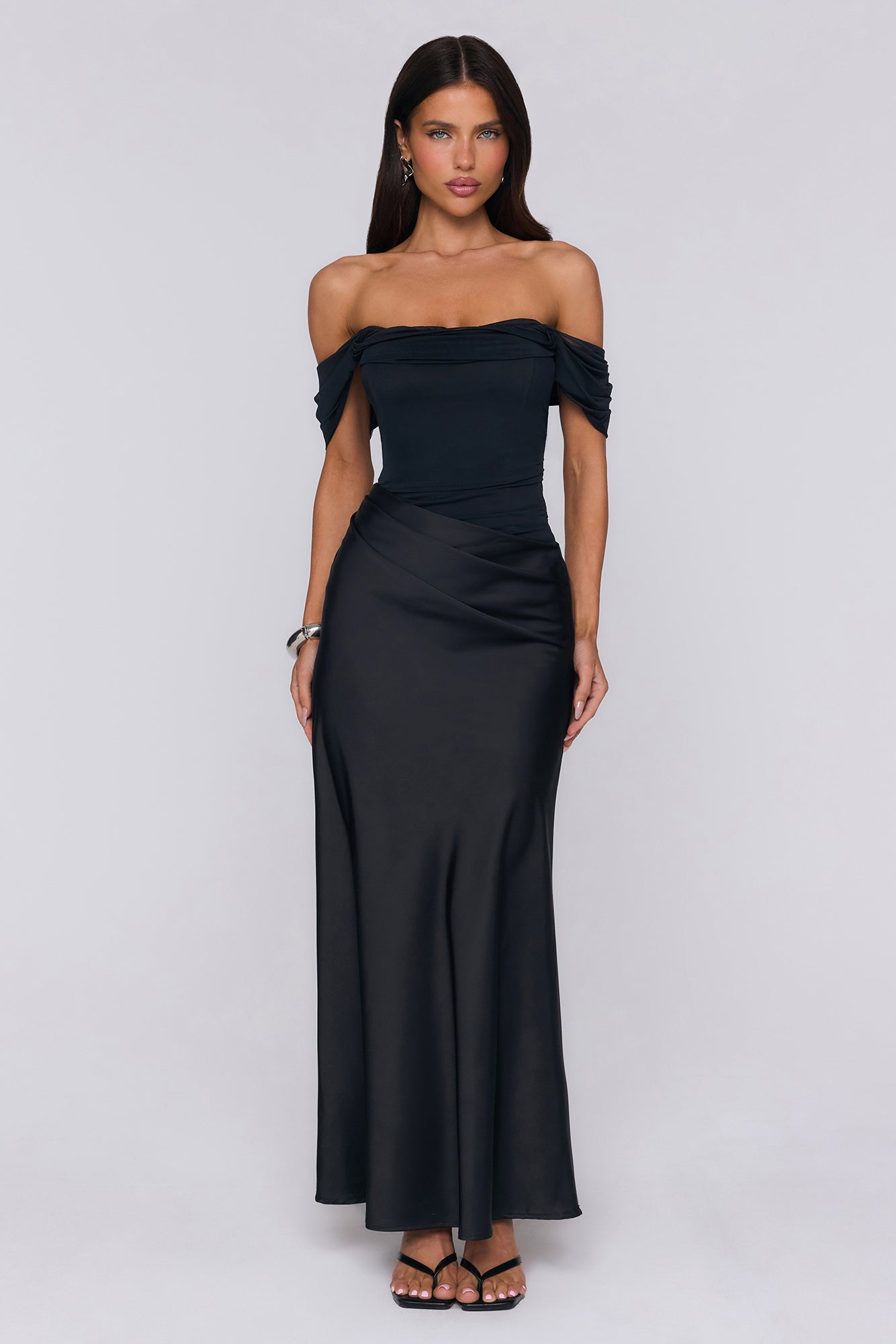 Evening Muse Off Shoulder Mesh Maxi Dress Black