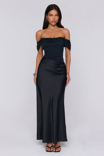 Evening Muse Off Shoulder Mesh Maxi Dress Black