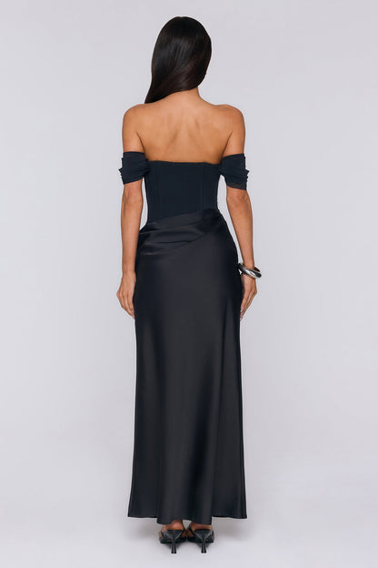 Evening Muse Off Shoulder Mesh Maxi Dress Black