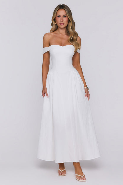 Polished Darling Off Shoulder Maxi Dress White