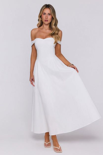 Polished Darling Off Shoulder Maxi Dress White