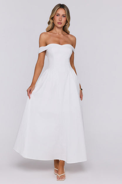 Polished Darling Off Shoulder Maxi Dress White