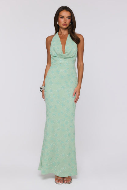 Bling It Babe Beaded Halter Maxi Dress Sage