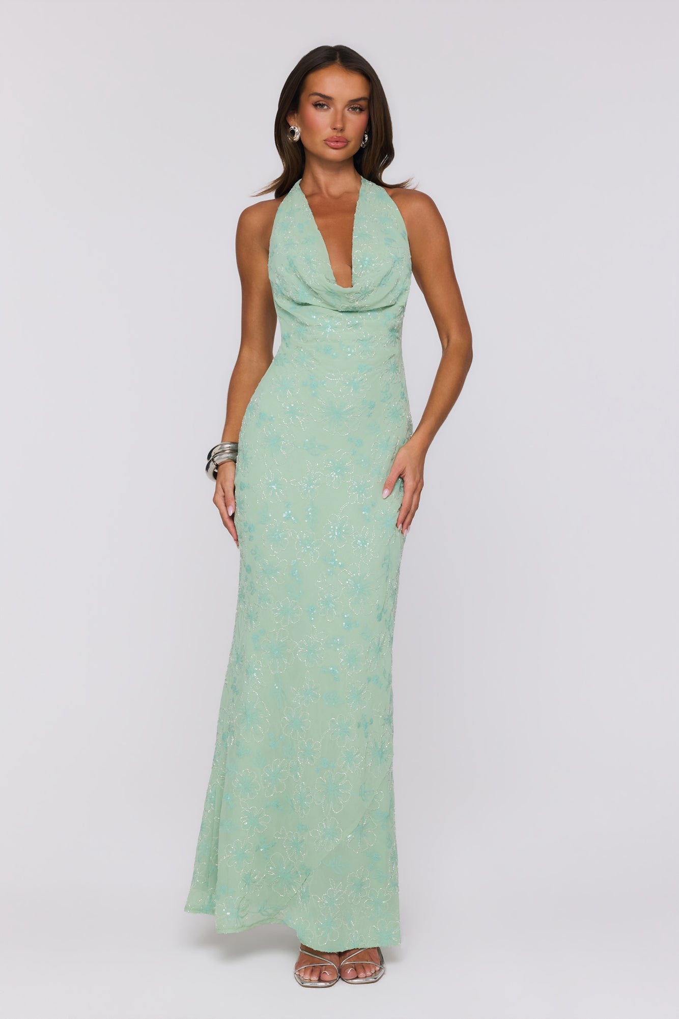 Bling It Babe Beaded Halter Maxi Dress Sage