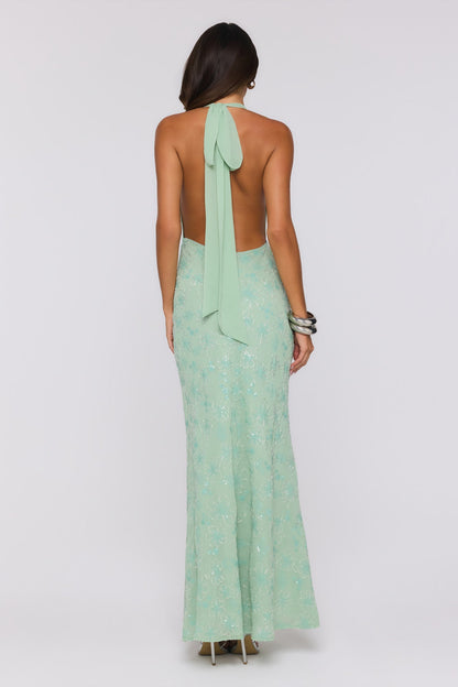 Bling It Babe Beaded Halter Maxi Dress Sage