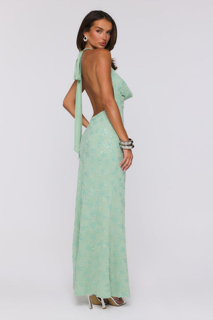 Bling It Babe Beaded Halter Maxi Dress Sage