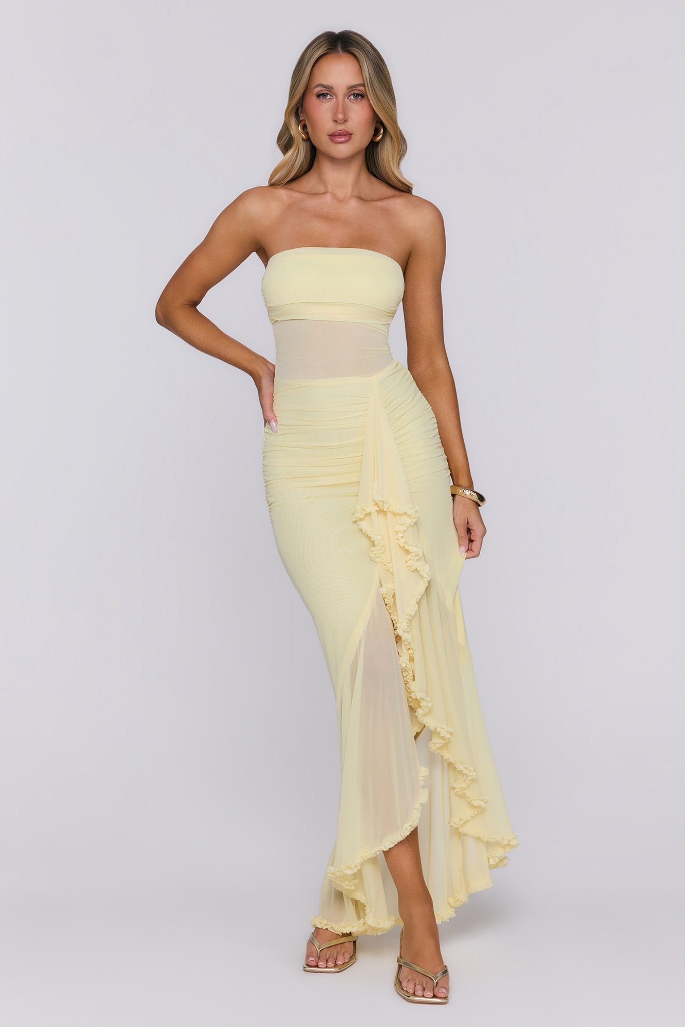Spark Soirée Strapless Mesh Maxi Dress Yellow