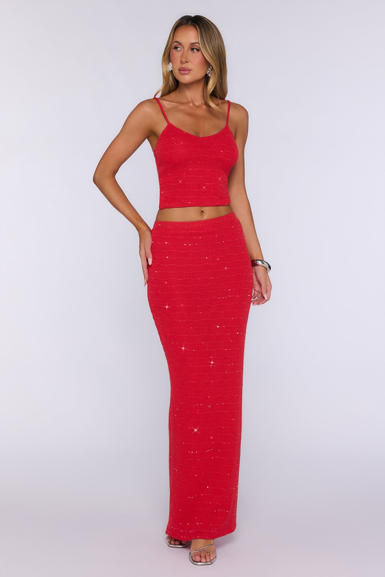 Raised Glasses Sequin Knit Maxi Skirt Red