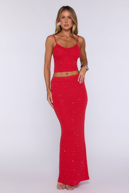 Raised Glasses Sequin Knit Maxi Skirt Red
