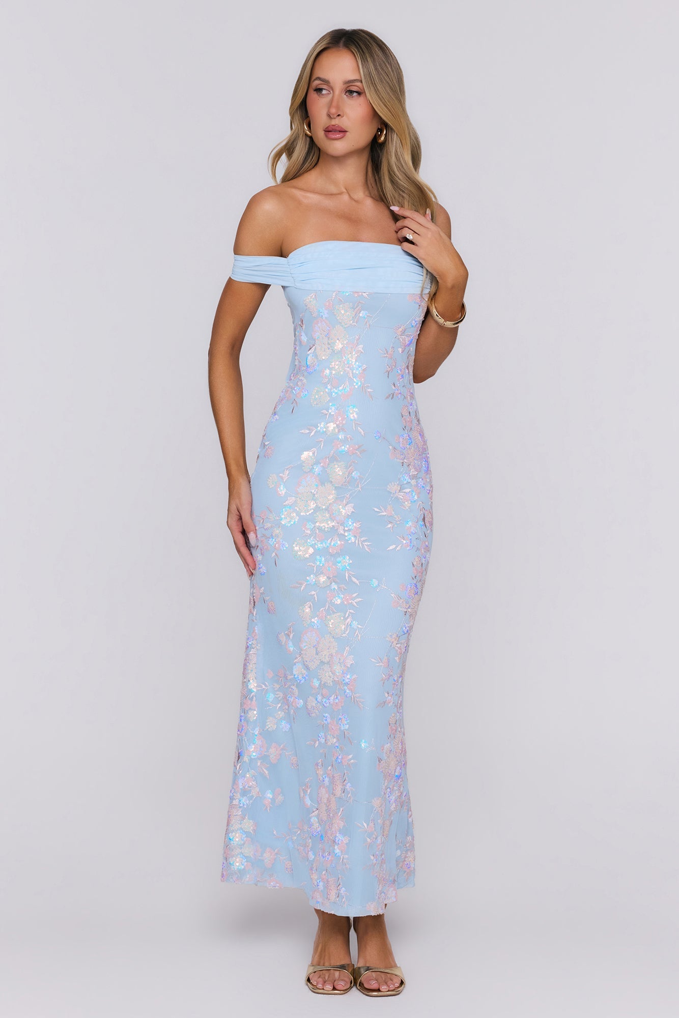 Whispered Waves Off Shoulder Sequin Mesh Maxi Dress Blue
