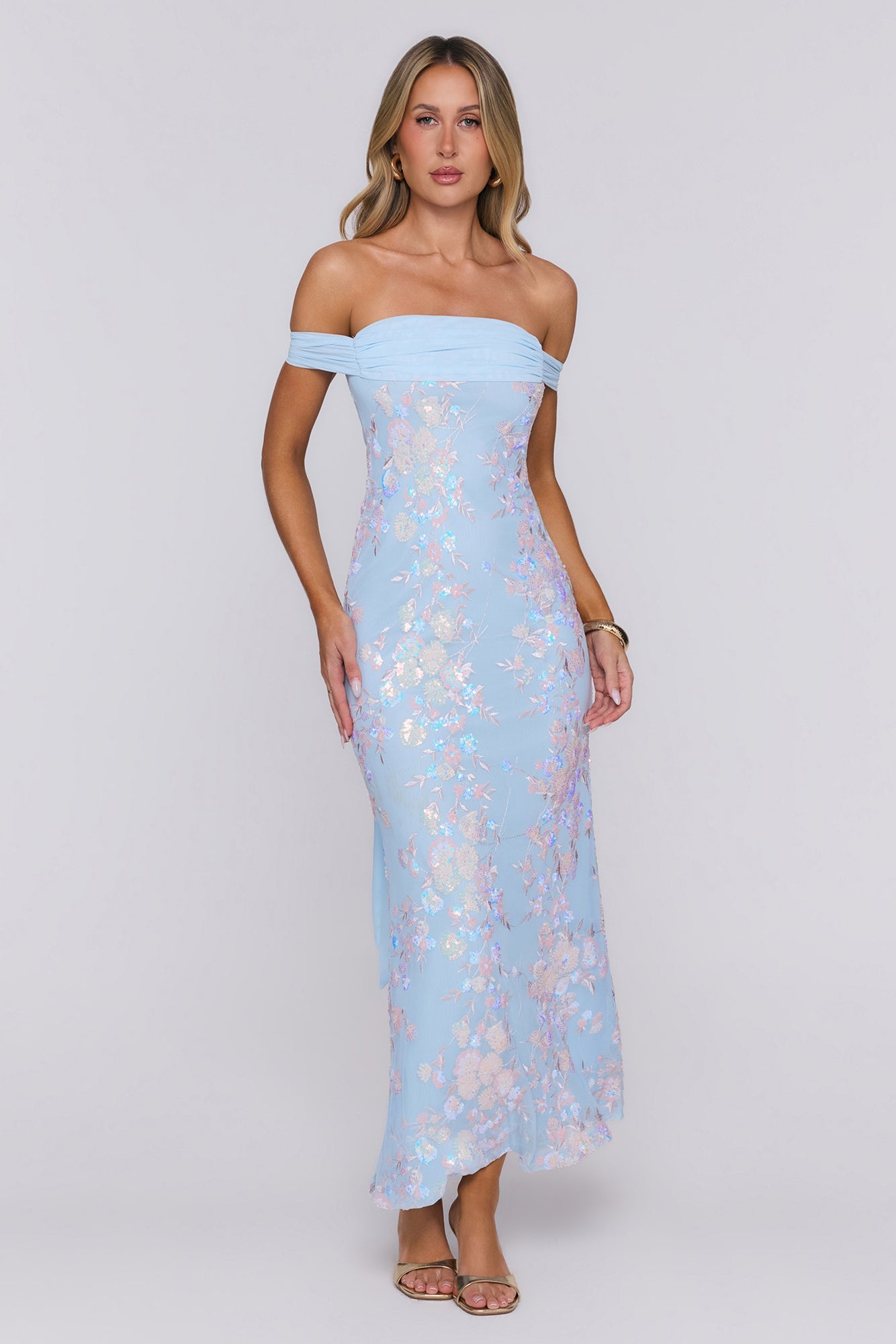 Whispered Waves Off Shoulder Sequin Mesh Maxi Dress Blue