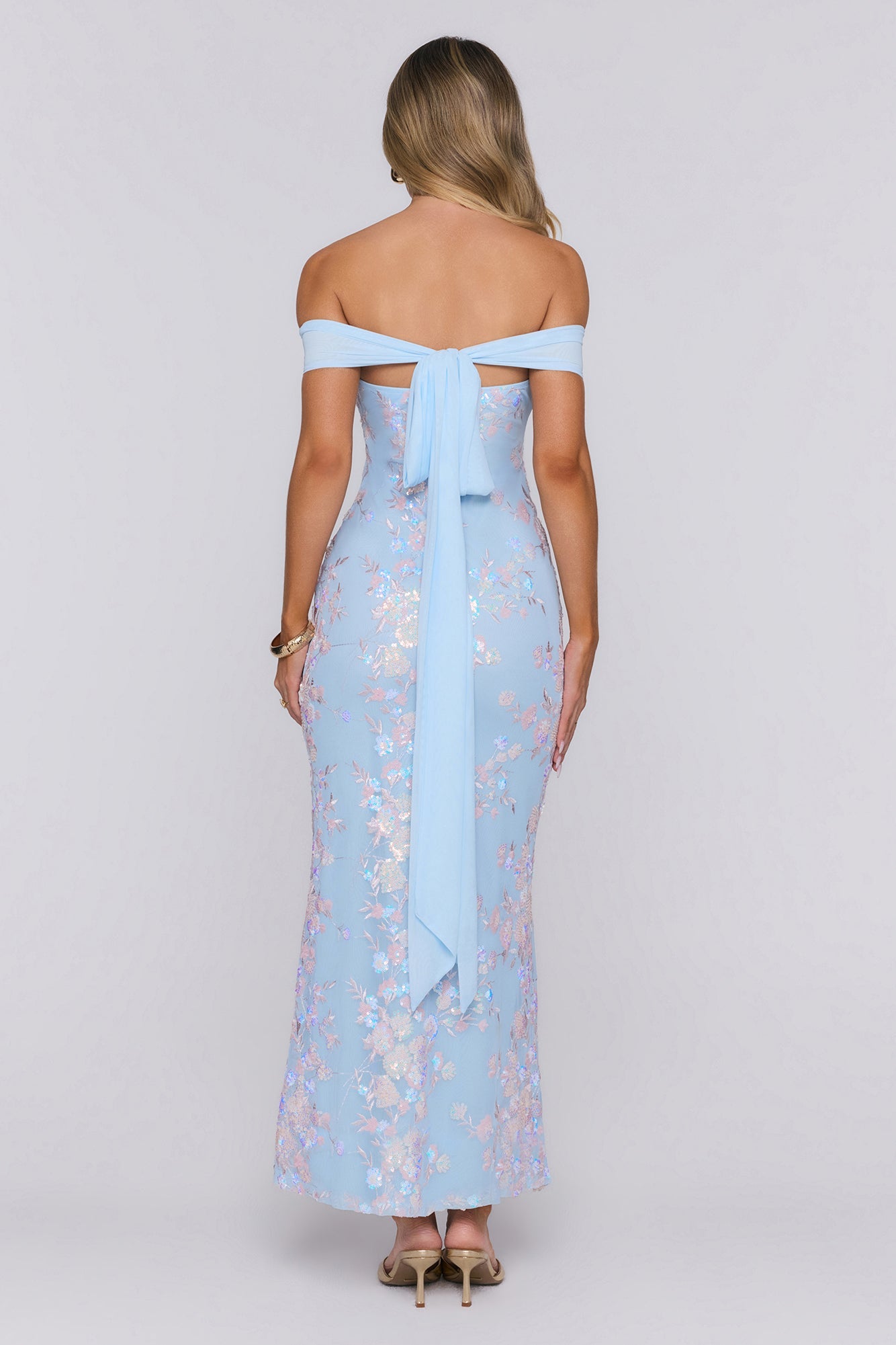 Whispered Waves Off Shoulder Sequin Mesh Maxi Dress Blue