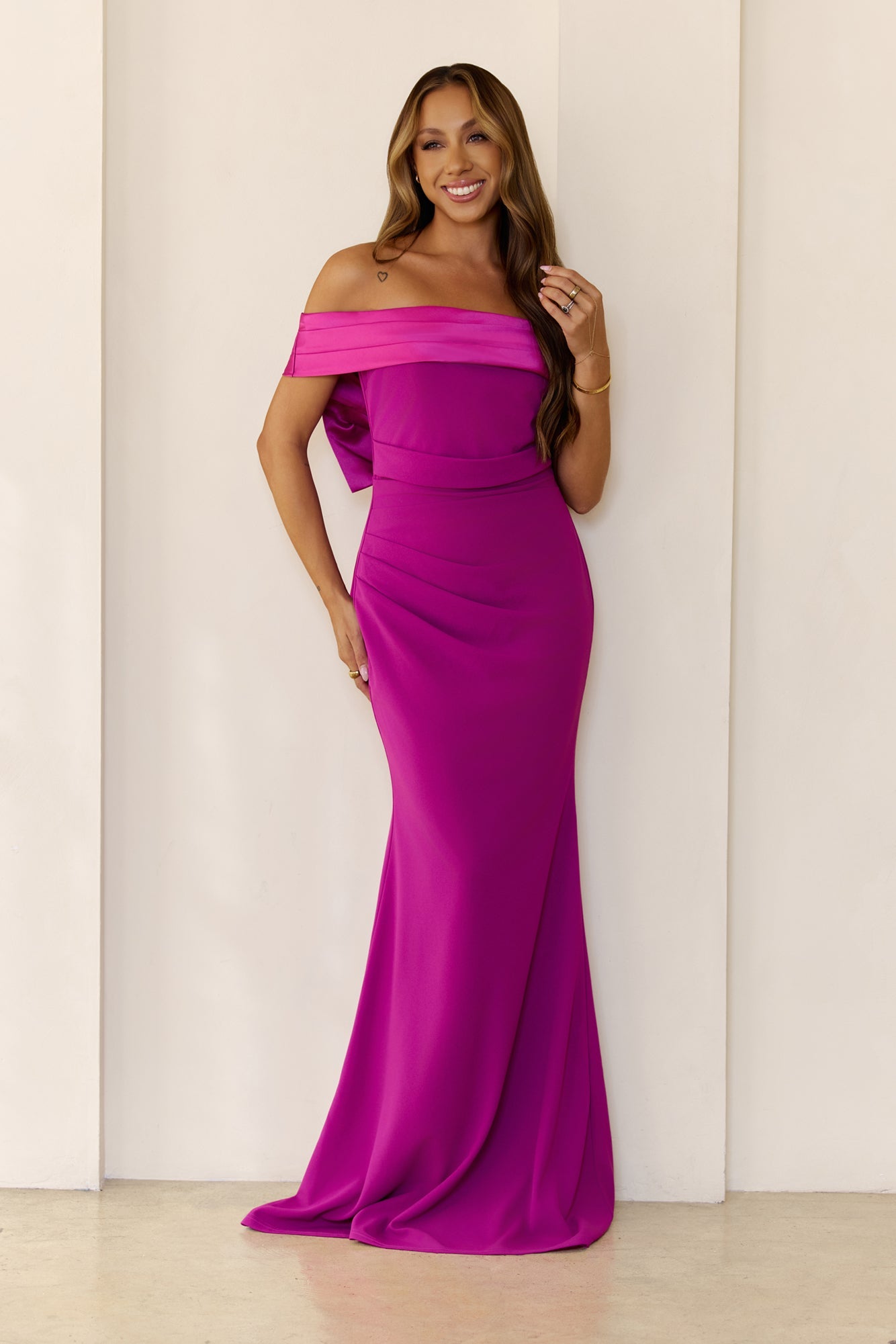 The Sleek Soirée Off Shoulder Maxi Dress Plum