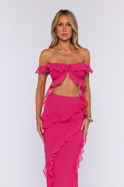 Summer Frills Off Shoulder Crop Top Hot Pink