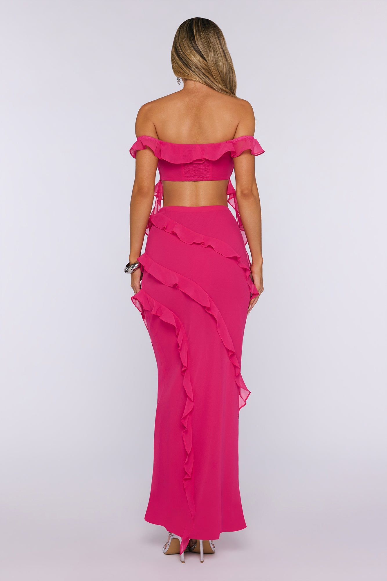 Summer Frills Off Shoulder Crop Top Hot Pink