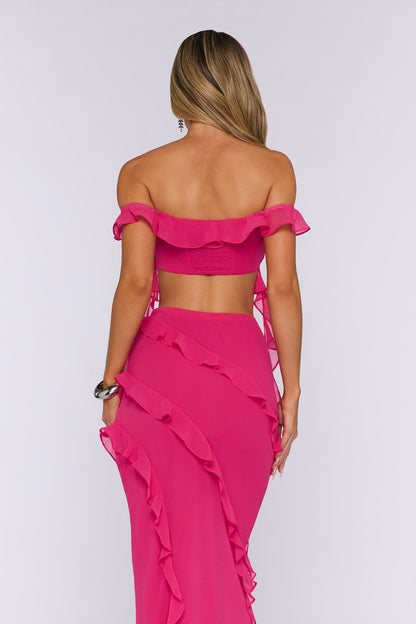 Summer Frills Off Shoulder Crop Top Hot Pink