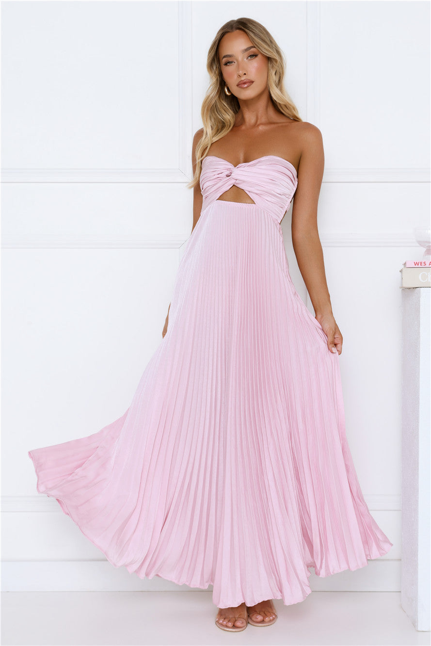 Secret Hues Strapless Pleated Satin Maxi Dress Blush