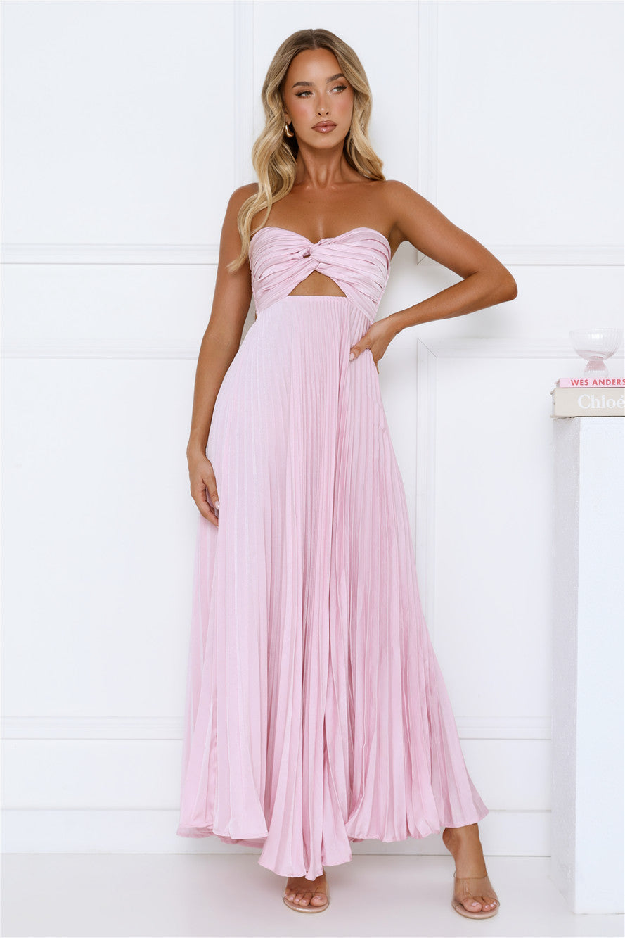 Secret Hues Strapless Pleated Satin Maxi Dress Blush
