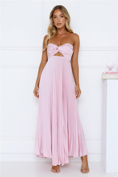 Secret Hues Strapless Pleated Satin Maxi Dress Blush