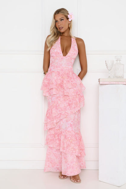Tropical Bloom Halter Tiered Maxi Dress Pink