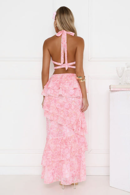 Tropical Bloom Halter Tiered Maxi Dress Pink