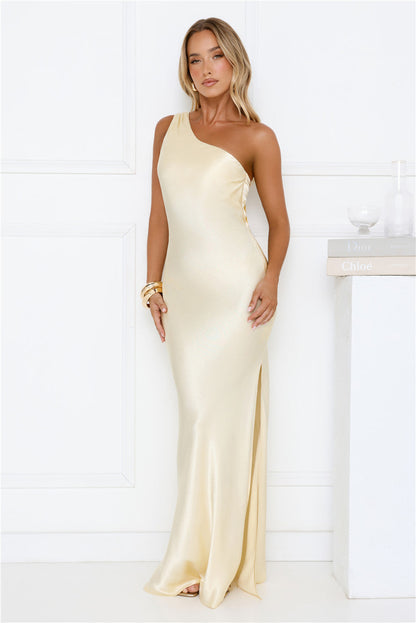 Modern Day Love One Shoulder Satin Maxi Dress Yellow