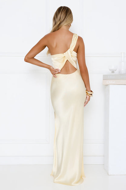 Modern Day Love One Shoulder Satin Maxi Dress Yellow