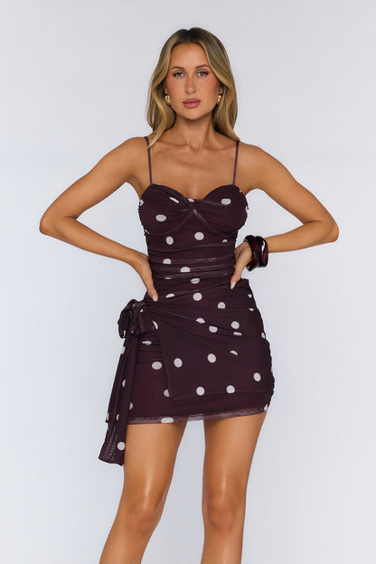 Pretty Comes First Mesh Polka Dot Mini Dress Chocolate