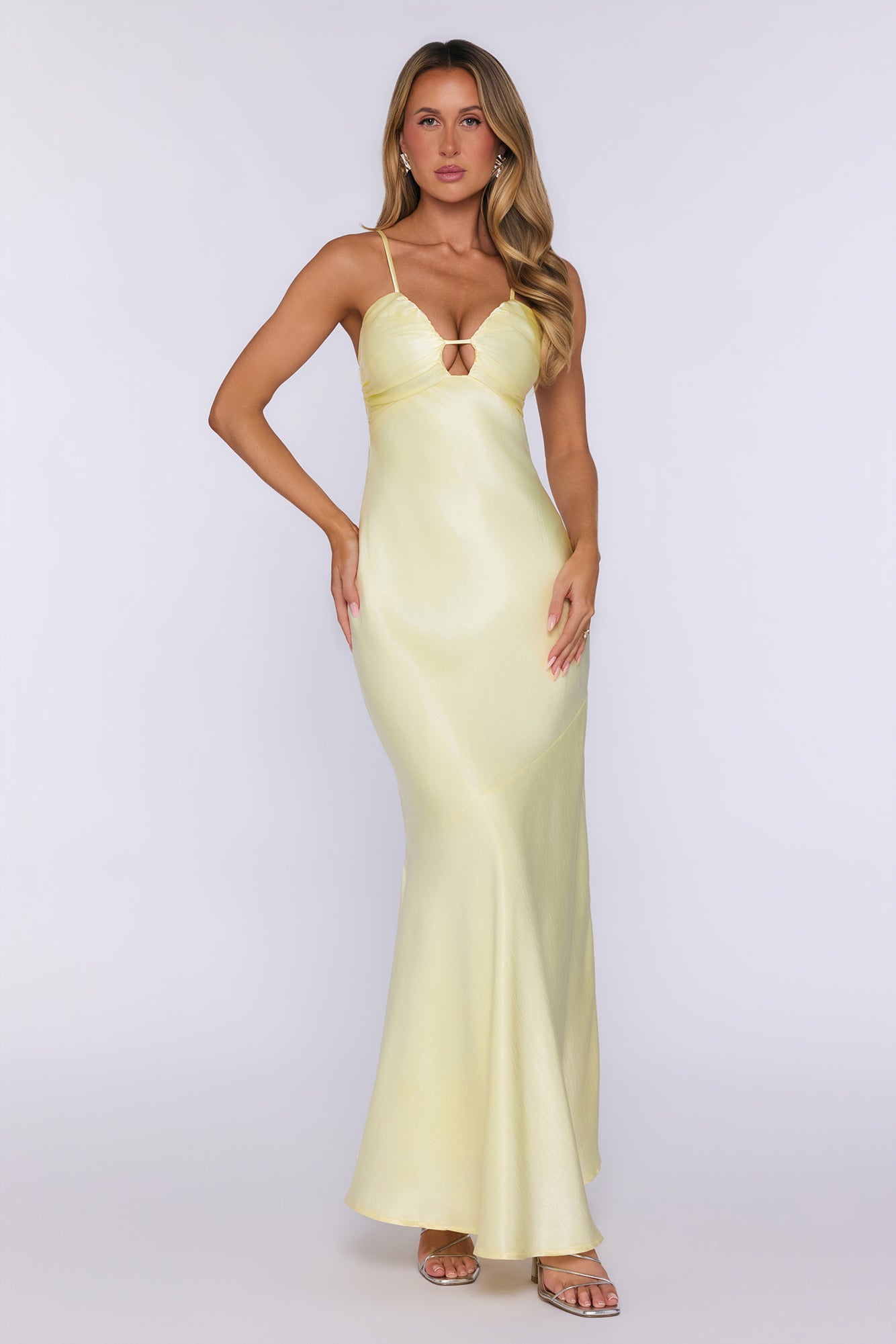 Polished Pretty Satin Cutout Maxi Dress Yellow