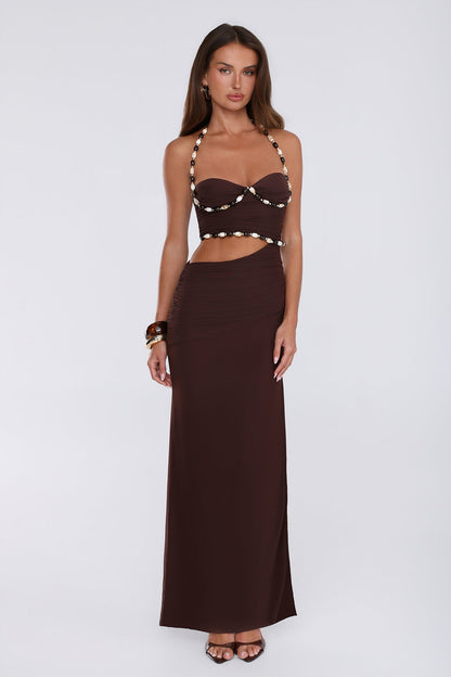 Shell Kissed Mesh Halter Maxi Dress Brown