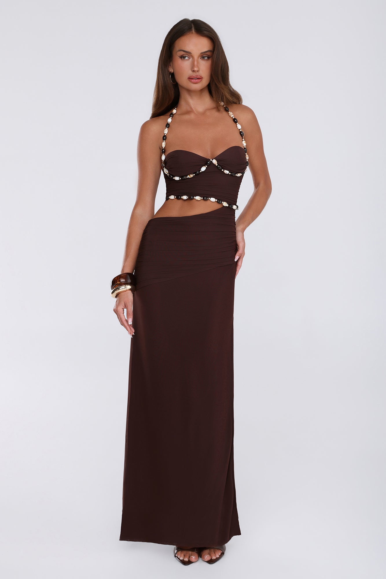 Shell Kissed Mesh Halter Maxi Dress Brown