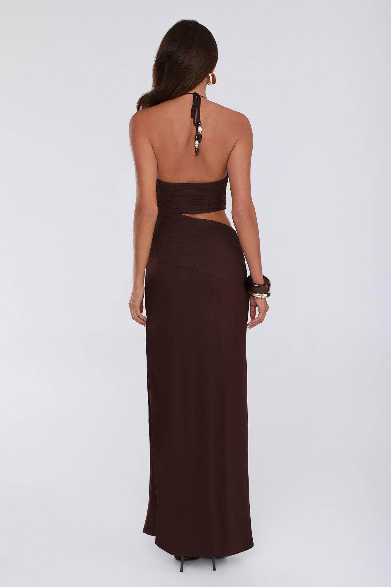 Shell Kissed Mesh Halter Maxi Dress Brown