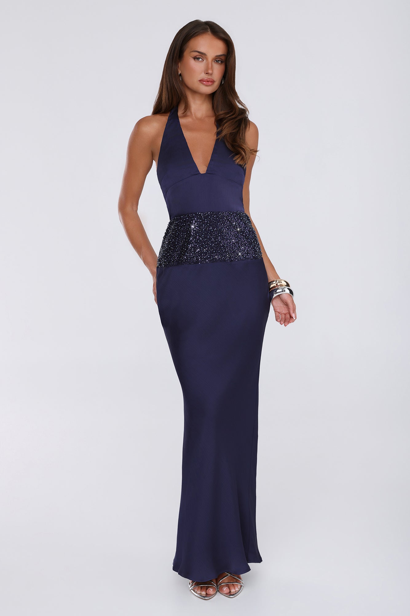 Style Icon Energy Halter Satin Maxi Dress Navy