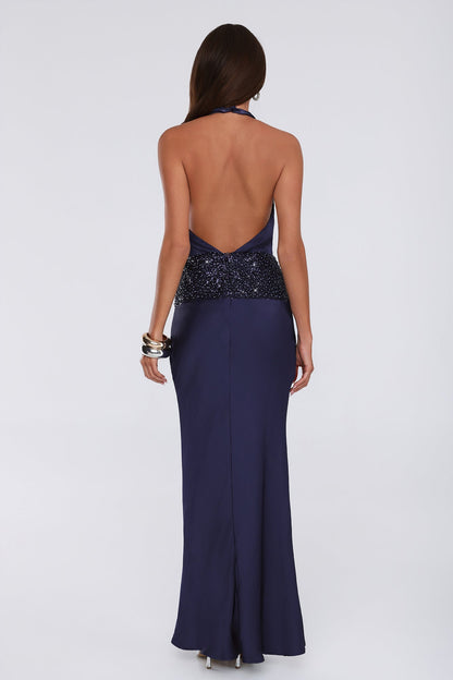 Style Icon Energy Halter Satin Maxi Dress Navy
