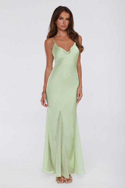 Couture Evening Satin Maxi Dress Green