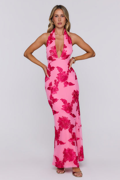 Electric Darling Mesh Halter Maxi Dress Pink