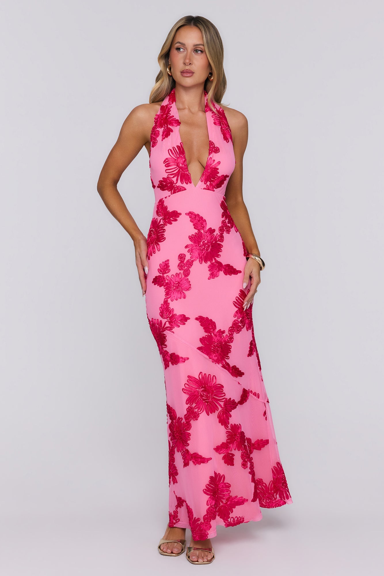Electric Darling Mesh Halter Maxi Dress Pink