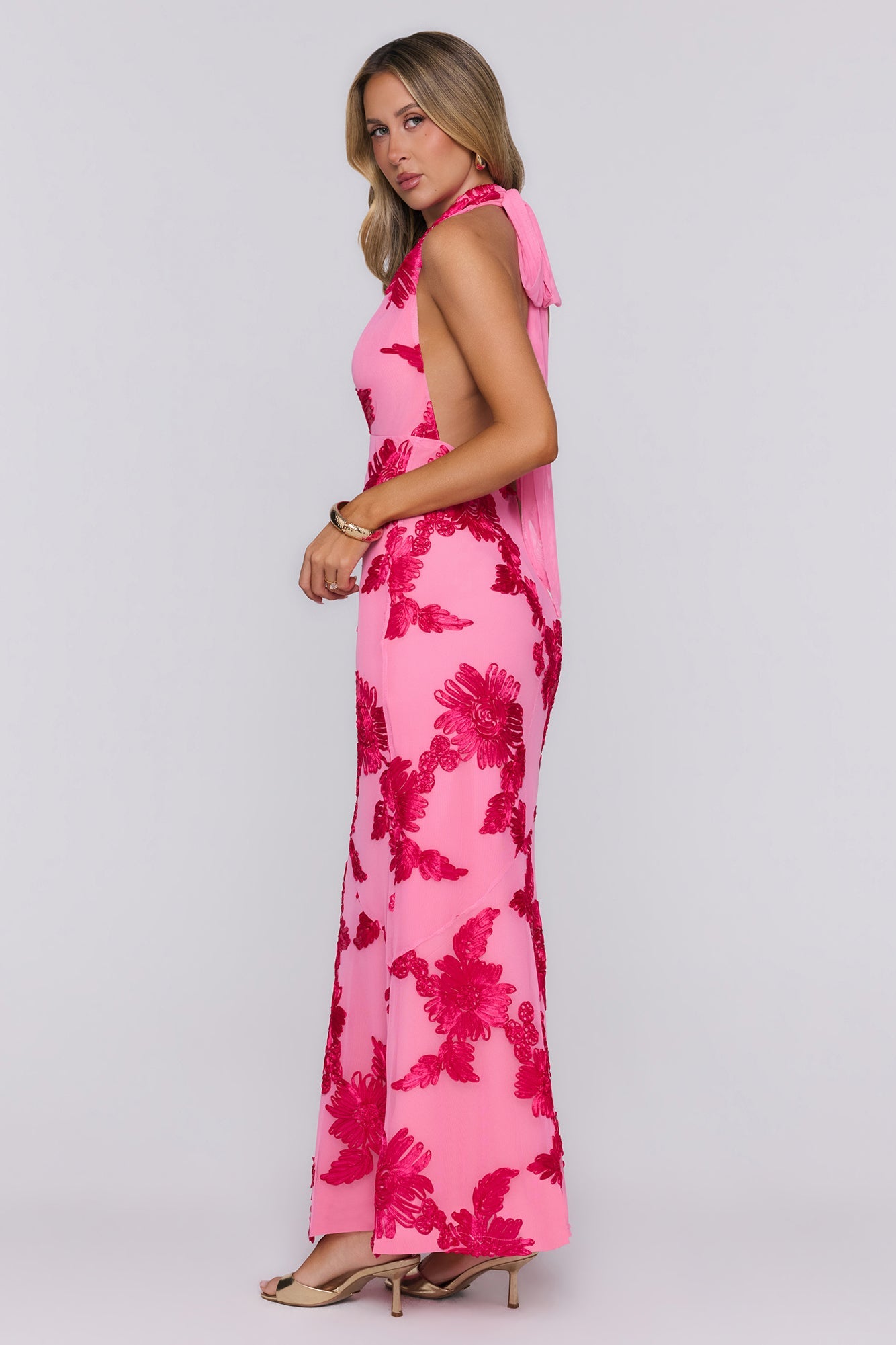 Electric Darling Mesh Halter Maxi Dress Pink