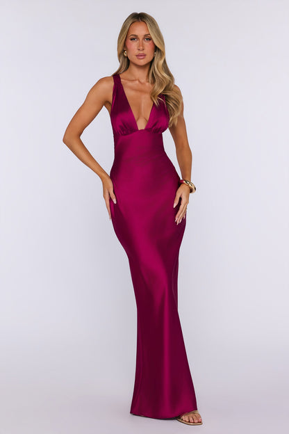 Polished Affair Satin Maxi Dress Berry