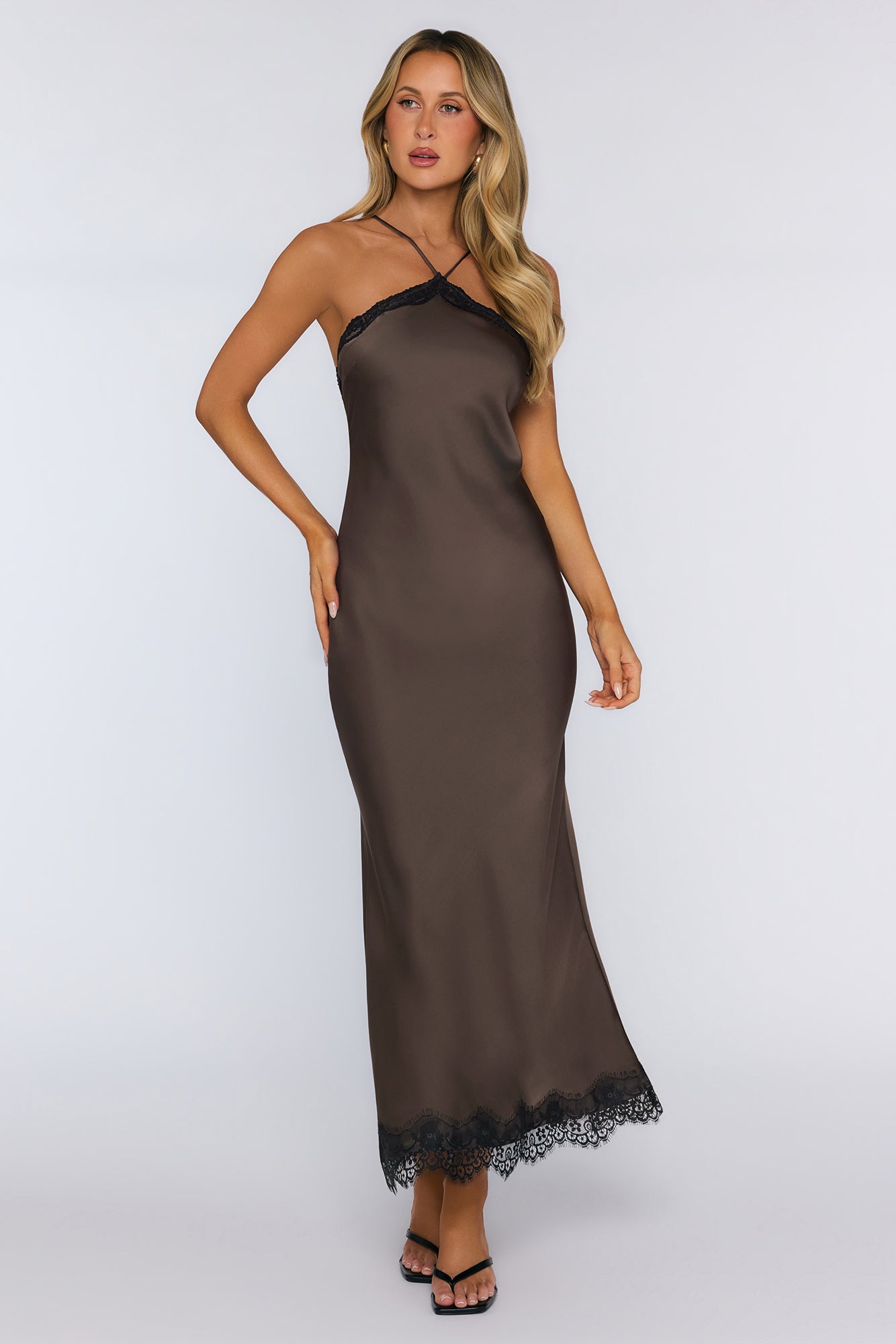 Editorial Archive Satin Lace Maxi Dress Brown