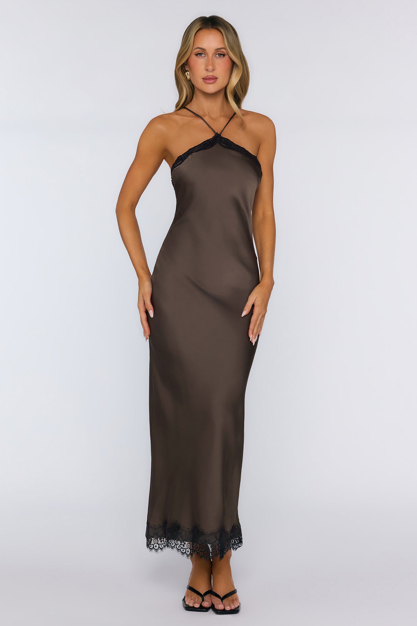 Editorial Archive Satin Lace Maxi Dress Brown