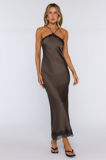 Editorial Archive Satin Lace Maxi Dress Brown