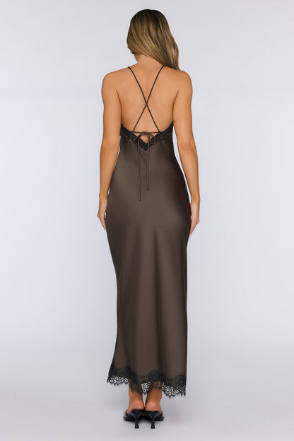 Editorial Archive Satin Lace Maxi Dress Brown