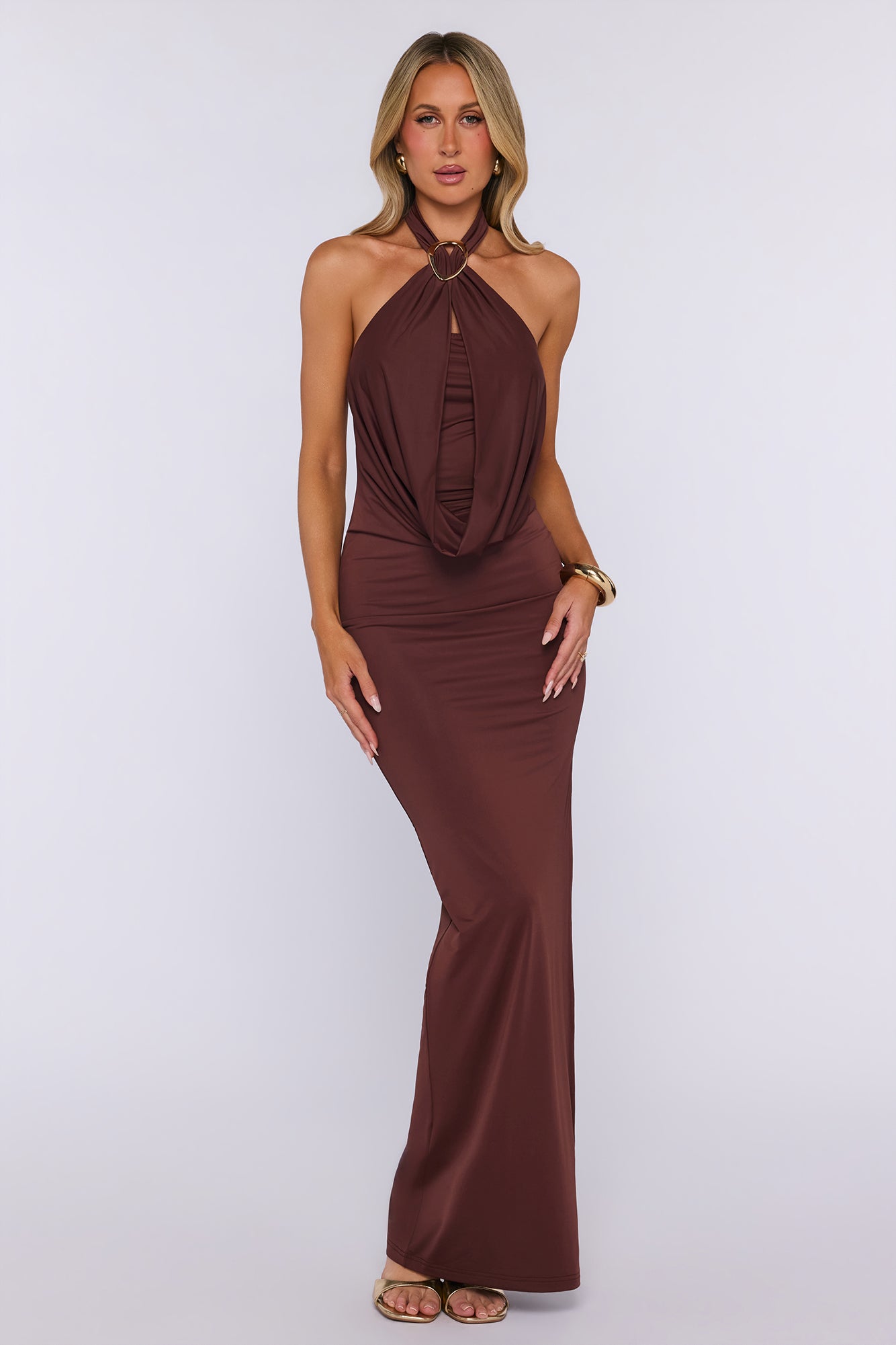 Salt Air Seduction Halter Maxi Dress Brown