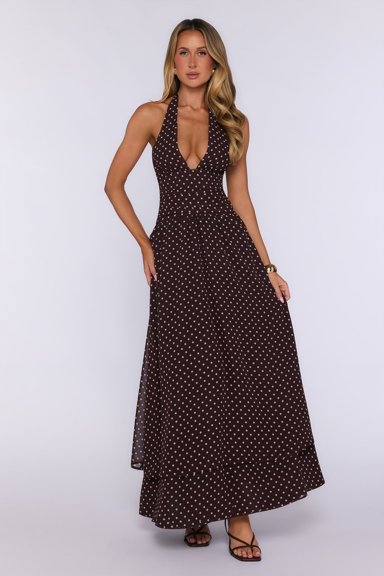 Dress Louder Halter Polka Dot Maxi Dress Brown
