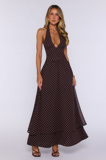 Dress Louder Halter Polka Dot Maxi Dress Brown