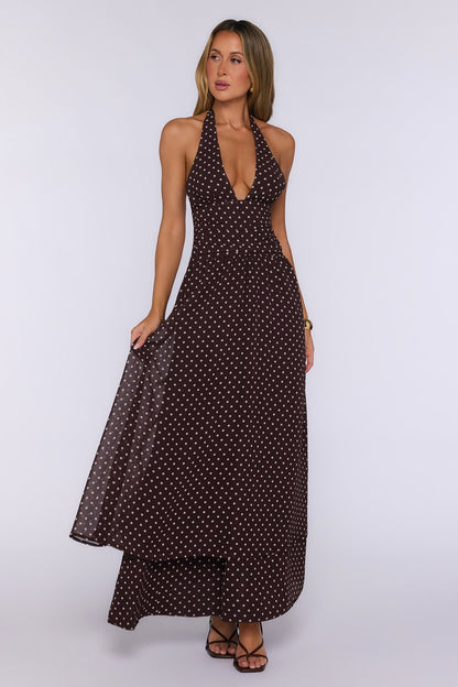 Dress Louder Halter Polka Dot Maxi Dress Brown