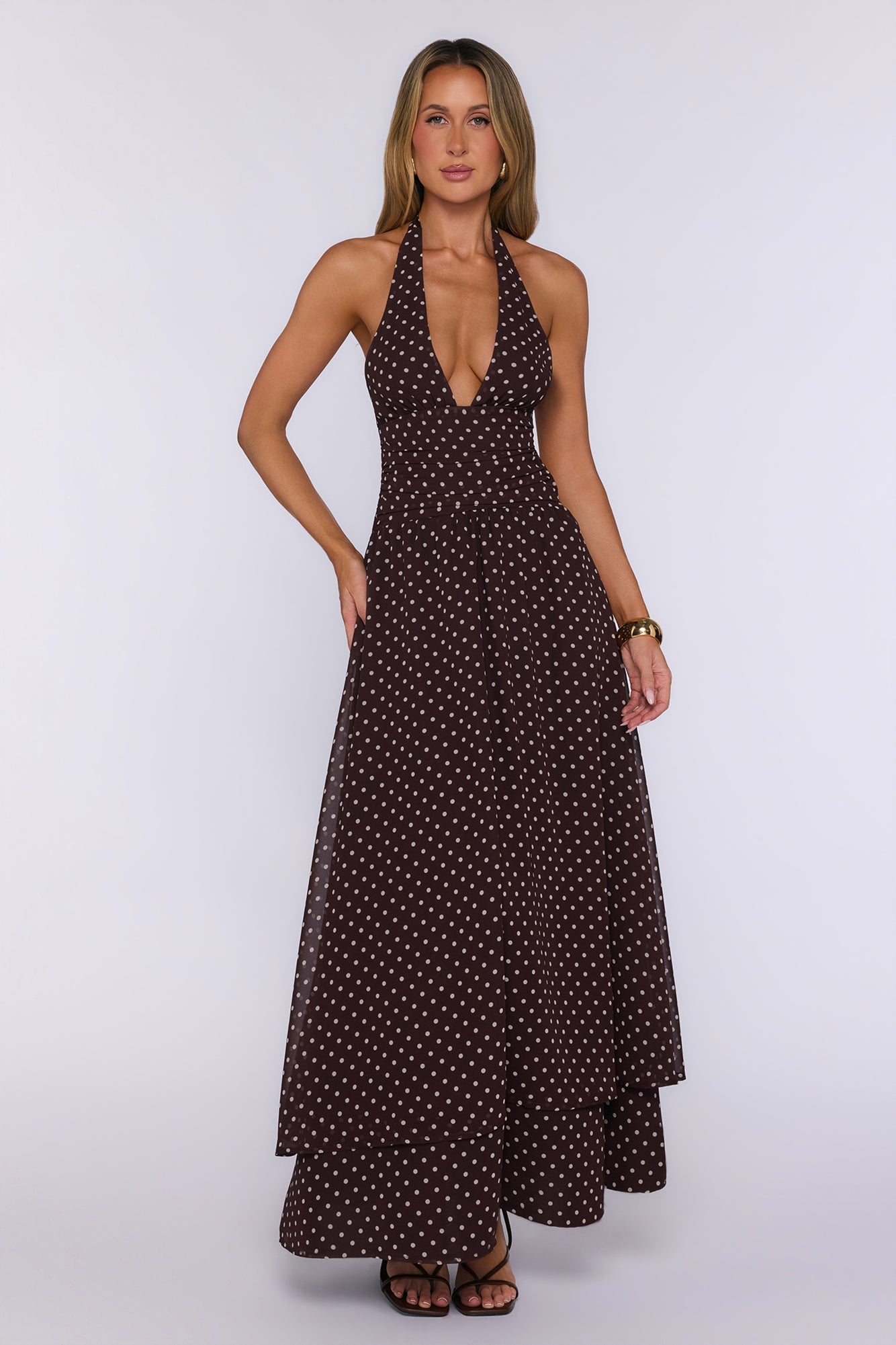 Dress Louder Halter Polka Dot Maxi Dress Brown